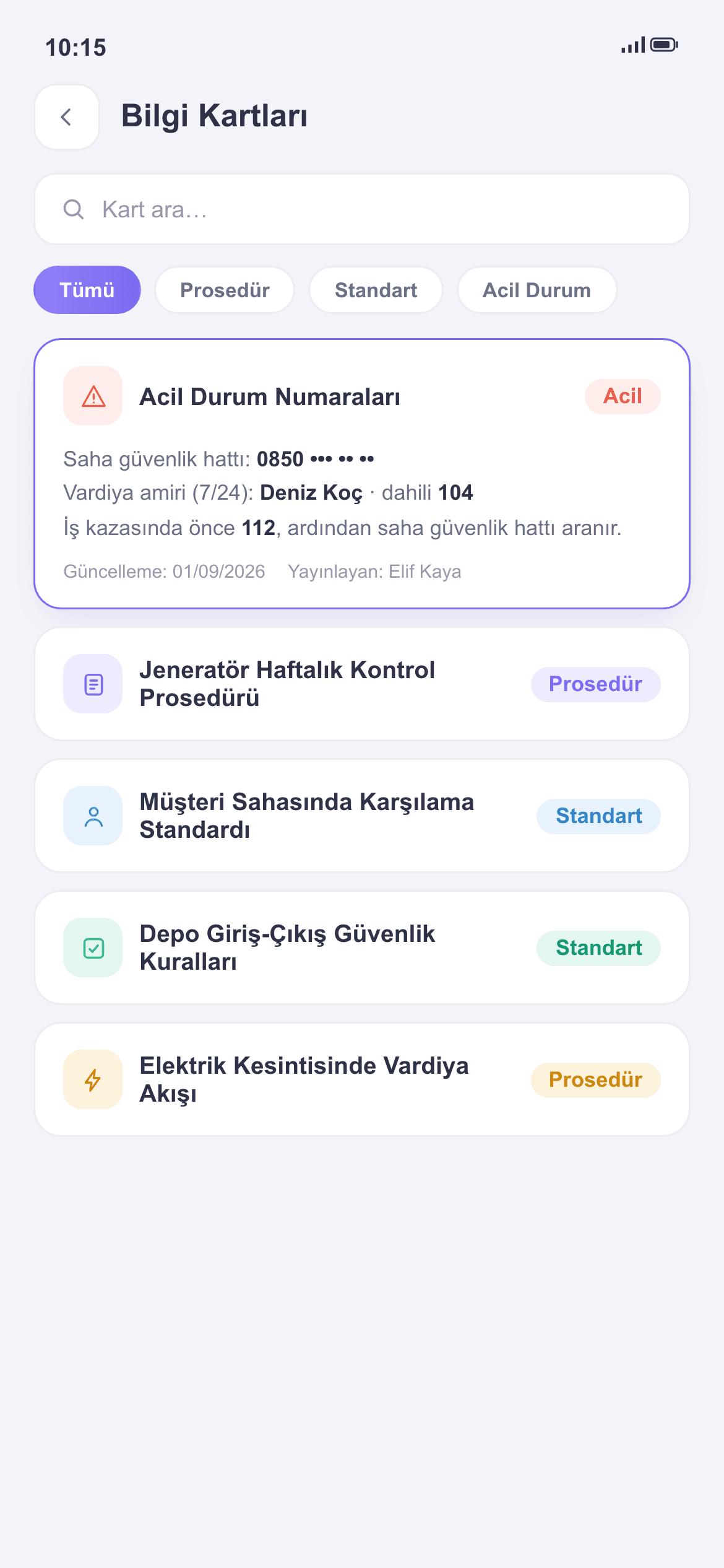 Bilgi kartı ekranı